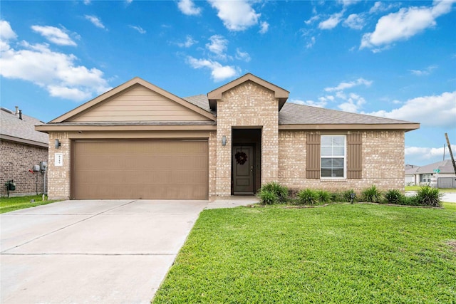 8219 Molasses Way, Rosharon, TX 77583 - ranch-style home with brick siding, a front lawn, an attached garage, and driveway