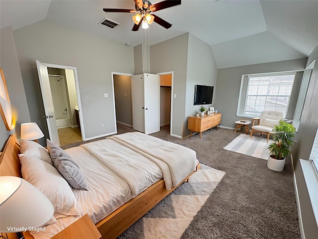 2662 Kiplands Way Dr, Houston, TX 77014 - carpeted bedroom featuring vaulted ceiling, baseboards, ceiling fan, and connected bathroom