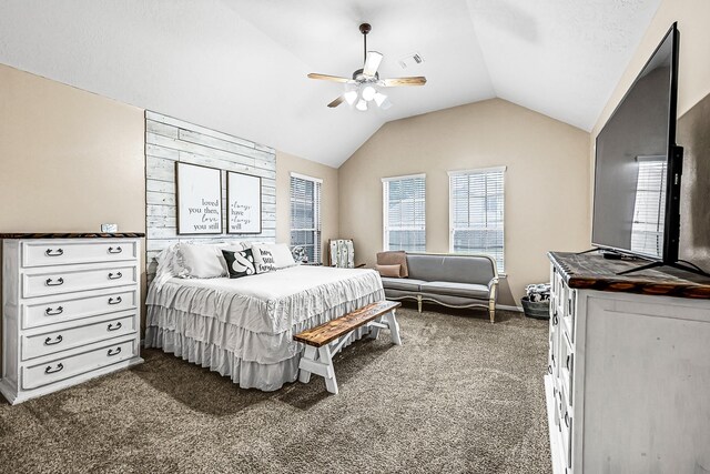 5234 Teal Way, Baytown, TX 77523 - bedroom featuring lofted ceiling, dark colored carpet, a ceiling fan, and baseboards