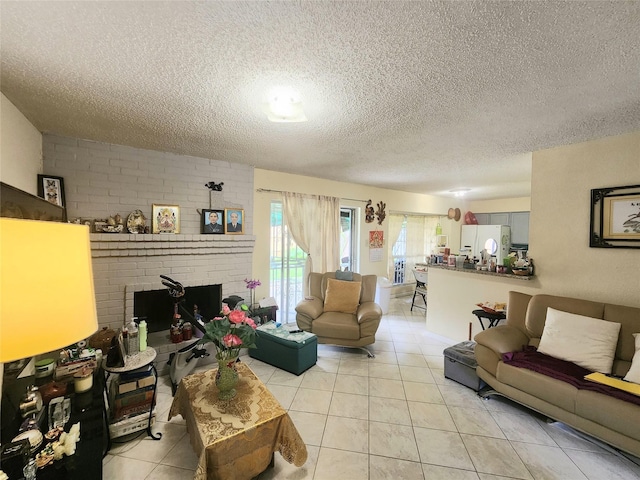 6822 Zapata Dr, Houston, TX 77083 - living room featuring a textured ceiling, a brick fireplace, and light tile patterned floors