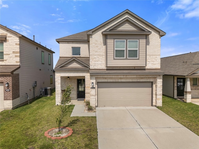 6846 Termino Ln, Rosharon, TX 77583 - view of front of home with cooling unit, concrete driveway, an attached garage, a front yard, and stone siding