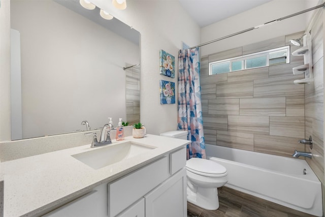 6846 Termino Ln, Rosharon, TX 77583 - bathroom with vanity, toilet, shower / bathtub combination with curtain, and wood finished floors