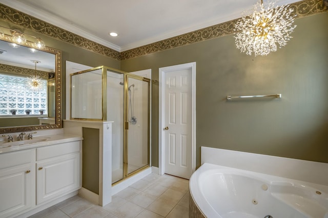 11802 Rue Saint Honore Ct, Tomball, TX 77377 - full bath featuring a chandelier, a stall shower, tile patterned floors, a whirlpool tub, and vanity