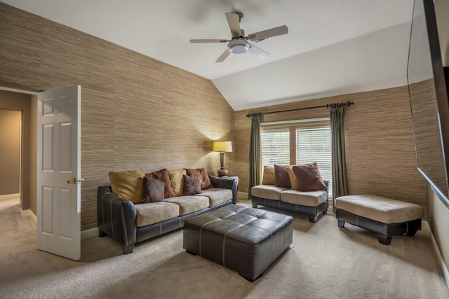 11802 Rue Saint Honore Ct, Tomball, TX 77377 - carpeted living area featuring a ceiling fan, vaulted ceiling, and baseboards