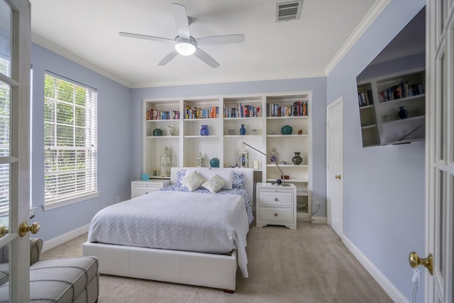 11802 Rue Saint Honore Ct, Tomball, TX 77377 - bedroom featuring light carpet, crown molding, baseboards, and a ceiling fan