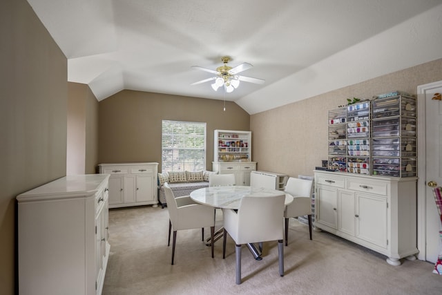 11802 Rue Saint Honore Ct, Tomball, TX 77377 - dining room with a ceiling fan, vaulted ceiling, and light carpet