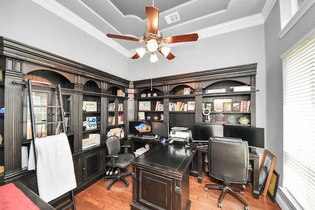 22714 Wilbur Ln, Tomball, TX 77375 - office featuring a ceiling fan, ornamental molding, wood finished floors, and a raised ceiling