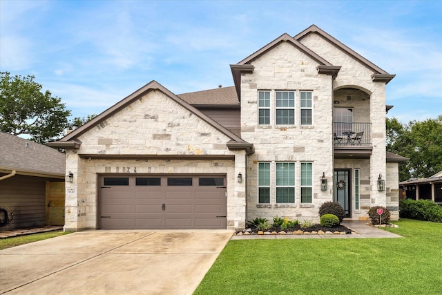 1120 Wakefield Dr, Houston, TX 77018 - view of front of property with stone siding, a balcony, a front yard, and concrete driveway