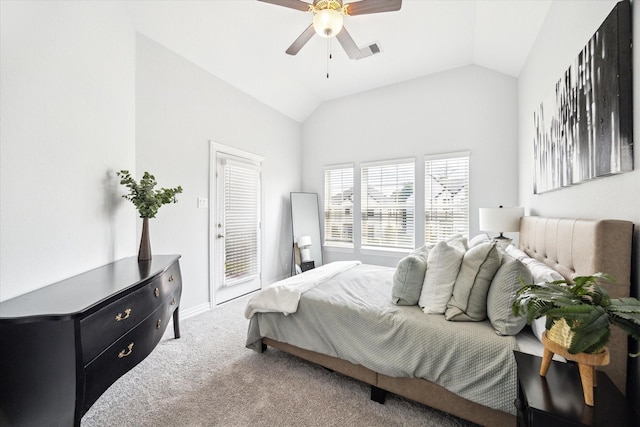 1120 Wakefield Dr, Houston, TX 77018 - carpeted bedroom featuring vaulted ceiling, access to exterior, a ceiling fan, and baseboards
