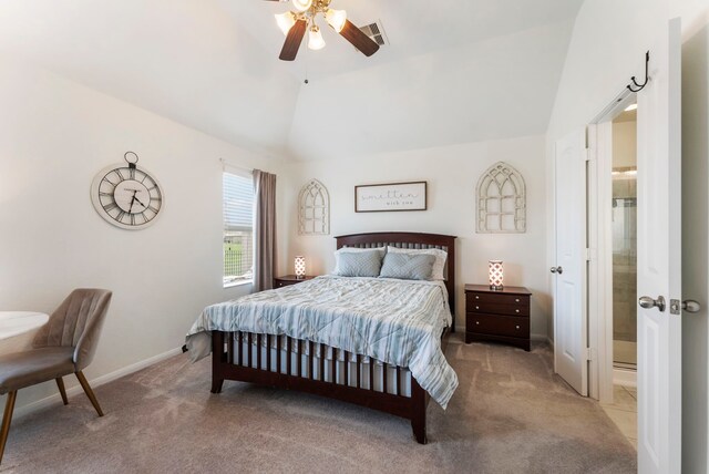 9998 Chimney Swift Ln, Conroe, TX 77385 - bedroom featuring lofted ceiling, light carpet, baseboards, and a ceiling fan
