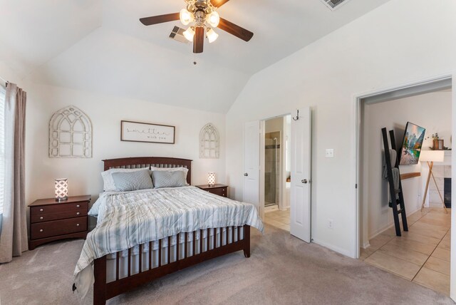 9998 Chimney Swift Ln, Conroe, TX 77385 - bedroom with lofted ceiling, carpet, ensuite bathroom, a ceiling fan, and baseboards