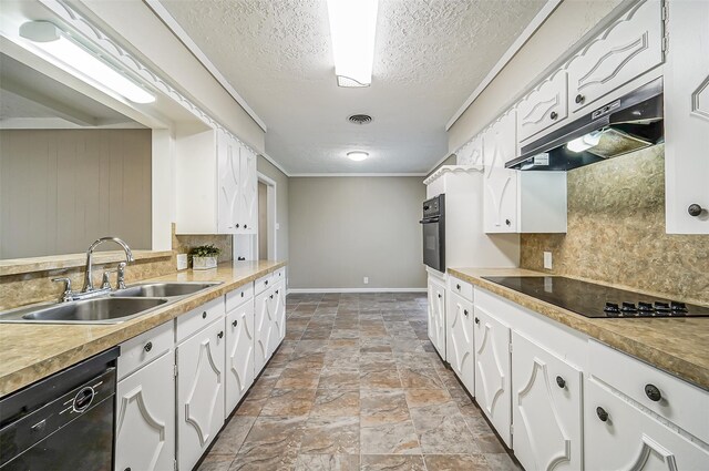 4418 W Pasadena Blvd, Deer Park, TX 77536 - kitchen featuring black appliances, a sink, under cabinet range hood, a textured ceiling, and light stone finish floors