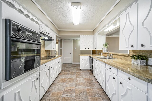 4418 W Pasadena Blvd, Deer Park, TX 77536 - kitchen featuring a sink, black appliances, light stone finish flooring, decorative backsplash, and a textured ceiling