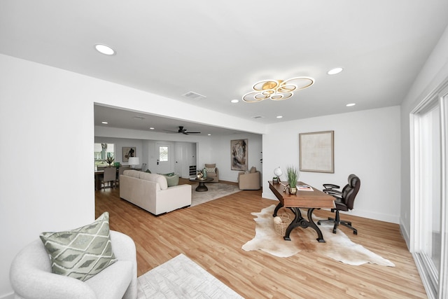 6249 Locke Ln, Houston, TX 77057 - office area featuring light wood-style floors, ceiling fan, recessed lighting, and baseboards