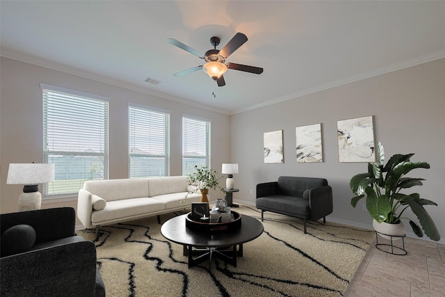 20619 Cactus Lake Ln, Richmond, TX 77407 - living area featuring crown molding, healthy amount of natural light, ceiling fan, and baseboards
