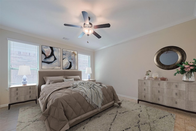 20619 Cactus Lake Ln, Richmond, TX 77407 - bedroom with ornamental molding, light tile patterned flooring, a ceiling fan, and baseboards