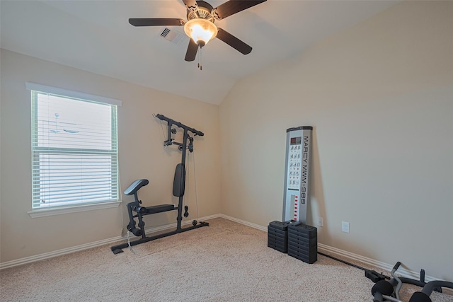 20619 Cactus Lake Ln, Richmond, TX 77407 - workout area featuring plenty of natural light, carpet, vaulted ceiling, a ceiling fan, and baseboards