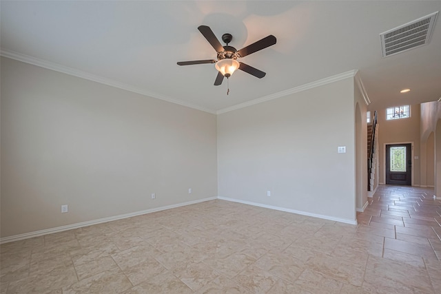 20619 Cactus Lake Ln, Richmond, TX 77407 - empty room featuring a ceiling fan, ornamental molding, baseboards, and light stone finish floors