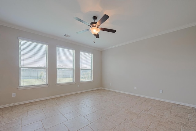 20619 Cactus Lake Ln, Richmond, TX 77407 - empty room with crown molding, plenty of natural light, a ceiling fan, baseboards, and light tile patterned floors