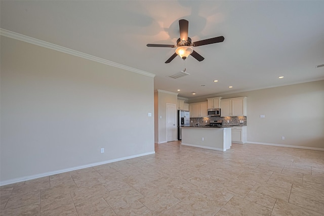 20619 Cactus Lake Ln, Richmond, TX 77407 - unfurnished living room featuring ornamental molding, ceiling fan, recessed lighting, and baseboards