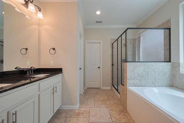 20619 Cactus Lake Ln, Richmond, TX 77407 - bathroom with vanity, crown molding, a garden tub, a stall shower, and baseboards