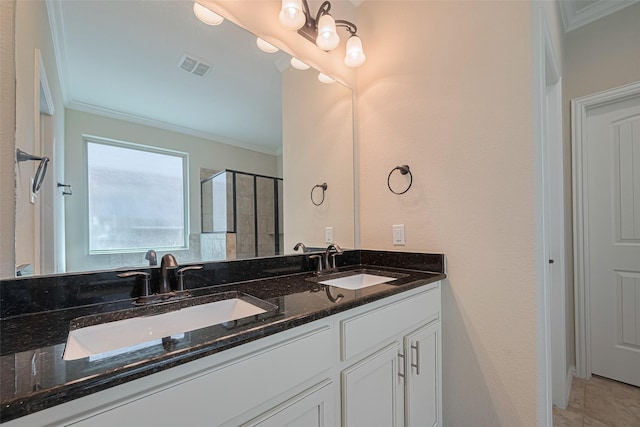 20619 Cactus Lake Ln, Richmond, TX 77407 - full bath with crown molding, double vanity, and a stall shower