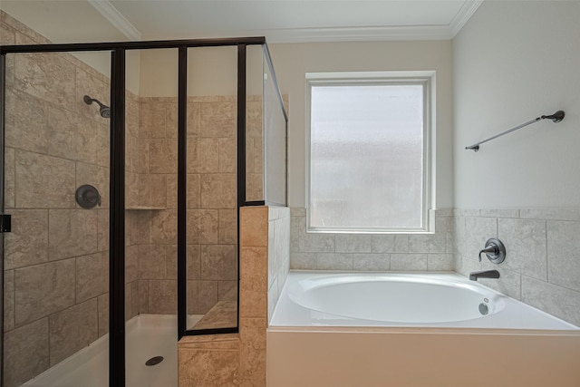 20619 Cactus Lake Ln, Richmond, TX 77407 - bathroom with a bath, a stall shower, and ornamental molding