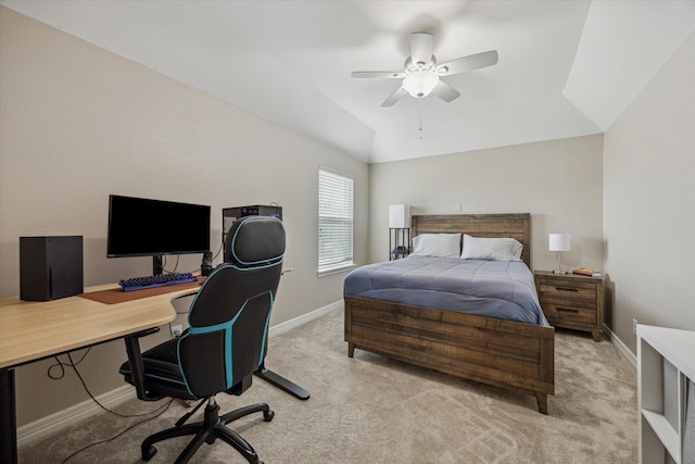 9982 Manor Spring Ln, Brookshire, TX 77423 - carpeted bedroom with baseboards, an office area, vaulted ceiling, and a ceiling fan