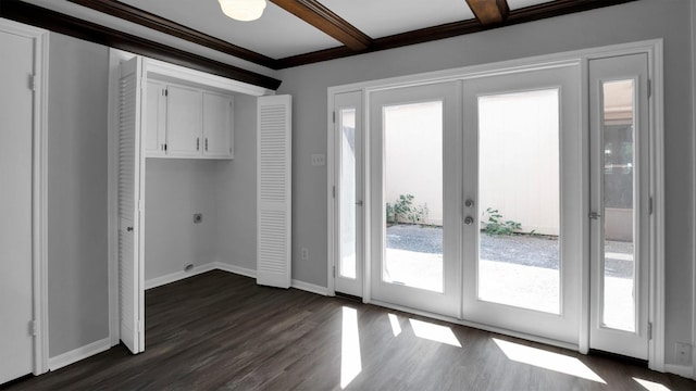 2814 Cambridge Ln, Missouri City, TX 77459 - washroom with hookup for an electric dryer, cabinet space, french doors, dark wood-style flooring, and baseboards