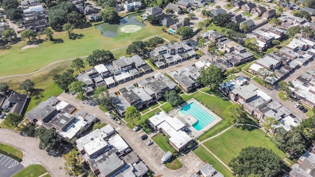 2814 Cambridge Ln, Missouri City, TX 77459 - aerial overview of property's location featuring a pool, nearby suburban area, and a local golf course