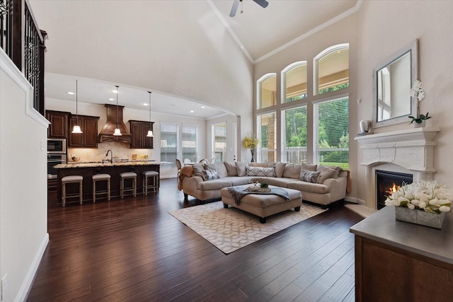 515 Arbor Point Ct, Pinehurst, TX 77362 - living room featuring ceiling fan, a warm lit fireplace, high vaulted ceiling, crown molding, and dark wood finished floors