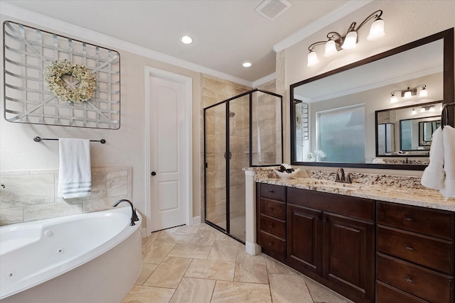 515 Arbor Point Ct, Pinehurst, TX 77362 - bathroom with ornamental molding, a stall shower, a jetted tub, vanity, and recessed lighting