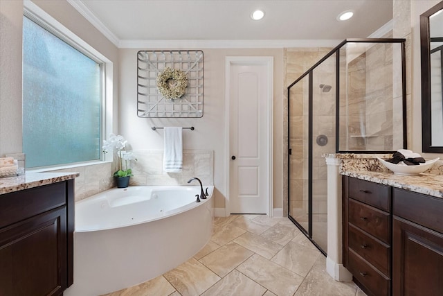 515 Arbor Point Ct, Pinehurst, TX 77362 - full bath featuring vanity, ornamental molding, a tub with jets, a stall shower, and recessed lighting