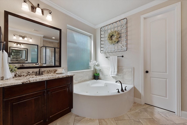 515 Arbor Point Ct, Pinehurst, TX 77362 - full bathroom featuring crown molding, vanity, a whirlpool tub, and a shower stall