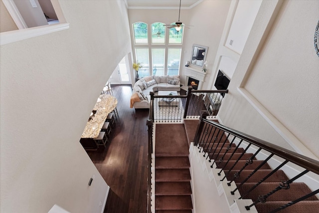 515 Arbor Point Ct, Pinehurst, TX 77362 - stairs featuring ornamental molding, wood finished floors, a ceiling fan, a warm lit fireplace, and a towering ceiling