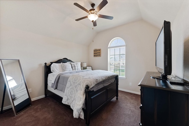 515 Arbor Point Ct, Pinehurst, TX 77362 - bedroom featuring lofted ceiling, dark colored carpet, baseboards, and ceiling fan