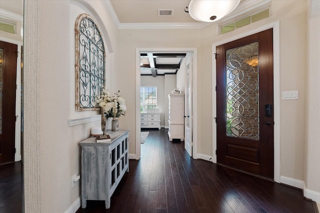 515 Arbor Point Ct, Pinehurst, TX 77362 - foyer entrance with coffered ceiling, crown molding, dark wood-type flooring, baseboards, and beamed ceiling