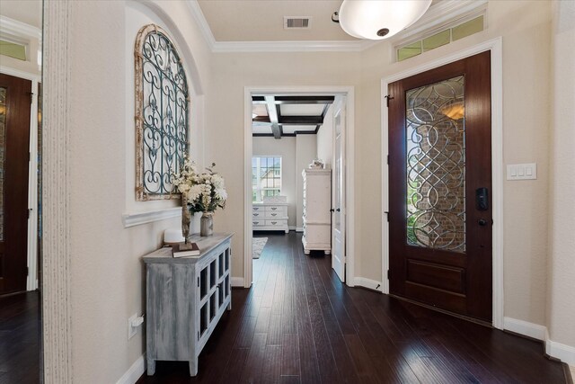 515 Arbor Point Ct, Pinehurst, TX 77362 - entryway featuring coffered ceiling, crown molding, dark wood finished floors, baseboards, and beam ceiling