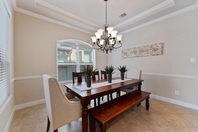 515 Arbor Point Ct, Pinehurst, TX 77362 - dining area featuring ornamental molding, a chandelier, a tray ceiling, and light tile patterned floors