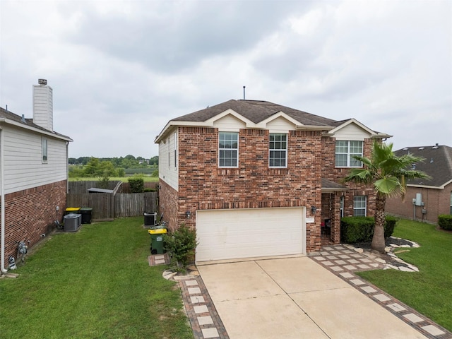 6407 Hillock Ln, Pearland, TX 77584 - view of front of home featuring concrete driveway, a garage, cooling unit, and brick siding