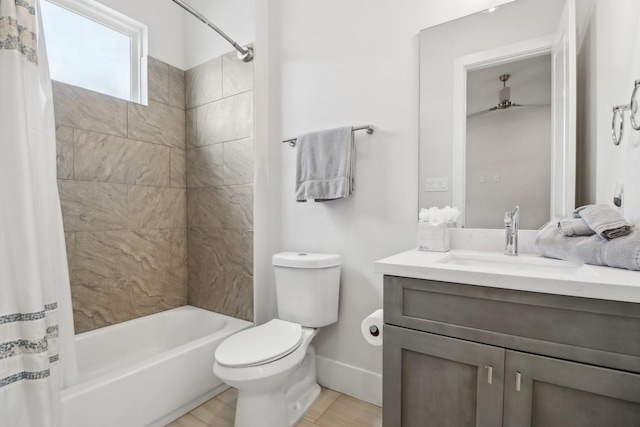 1234 W 21st St, Houston, TX 77008 - full bathroom featuring vanity, shower / bath combination with curtain, toilet, ceiling fan, and baseboards