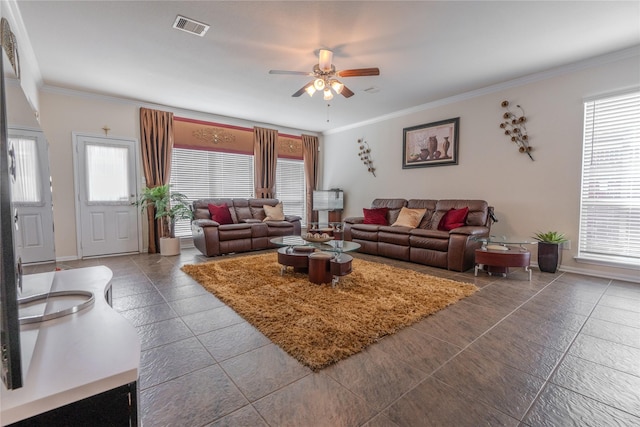 3418 Quarry Place Ln, Katy, TX 77493 - living room with a ceiling fan, healthy amount of natural light, ornamental molding, and baseboards