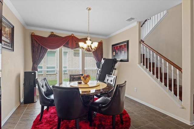 3418 Quarry Place Ln, Katy, TX 77493 - tiled dining area with a chandelier, ornamental molding, and stairs