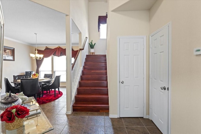 3418 Quarry Place Ln, Katy, TX 77493 - stairs featuring a chandelier, crown molding, and tile patterned flooring