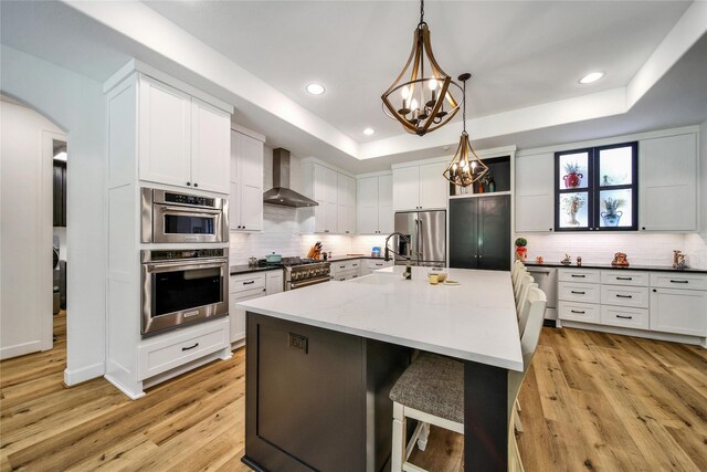 151 Alamo Dr, Huntsville, TX 77340 - kitchen featuring wall chimney range hood, a sink, appliances with stainless steel finishes, a tray ceiling, and tasteful backsplash