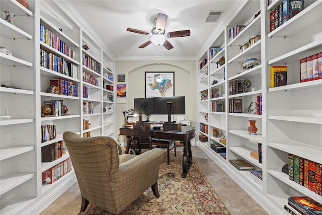 15702 Belmar Heights Dr, Cypress, TX 77429 - office space featuring a ceiling fan, ornamental molding, and built in features