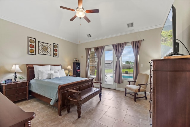 15702 Belmar Heights Dr, Cypress, TX 77429 - bedroom with access to exterior, crown molding, baseboards, a ceiling fan, and lofted ceiling