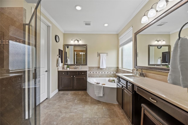 15702 Belmar Heights Dr, Cypress, TX 77429 - full bathroom with a shower stall, a garden tub, two vanities, crown molding, and recessed lighting