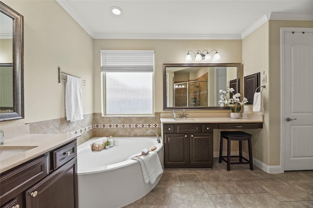 15702 Belmar Heights Dr, Cypress, TX 77429 - full bathroom with a shower stall, a bath, two vanities, and ornamental molding