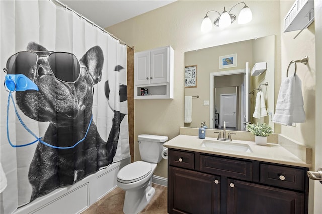 15702 Belmar Heights Dr, Cypress, TX 77429 - bathroom featuring vanity, shower / tub combo, toilet, and tile patterned floors